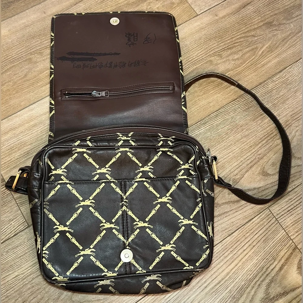 Longchamp Shoulder Bag Leather Dark Brown Horse Pattern